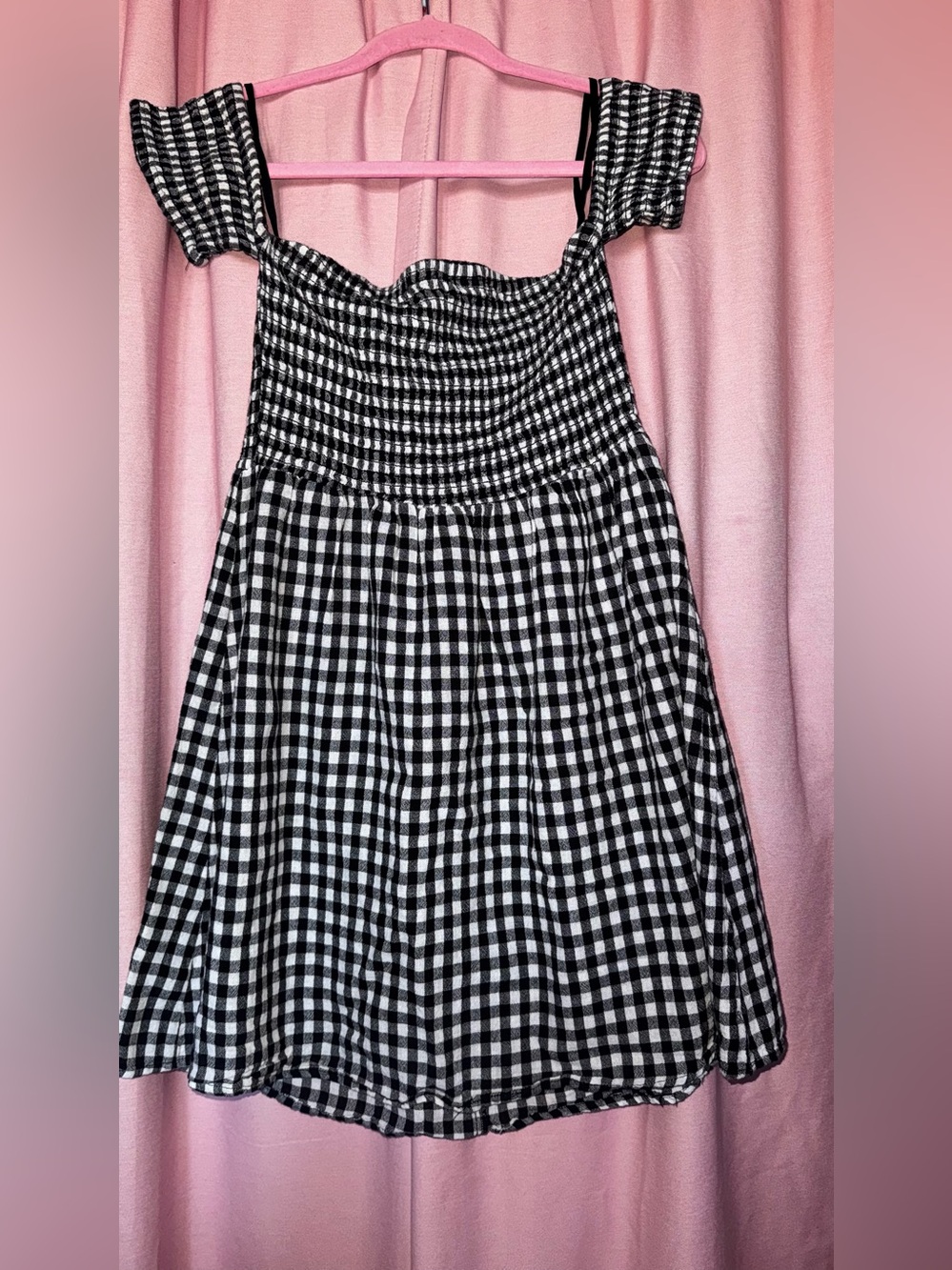 Black & White Gingham Off-Shoulder Smocked Mini Dress
